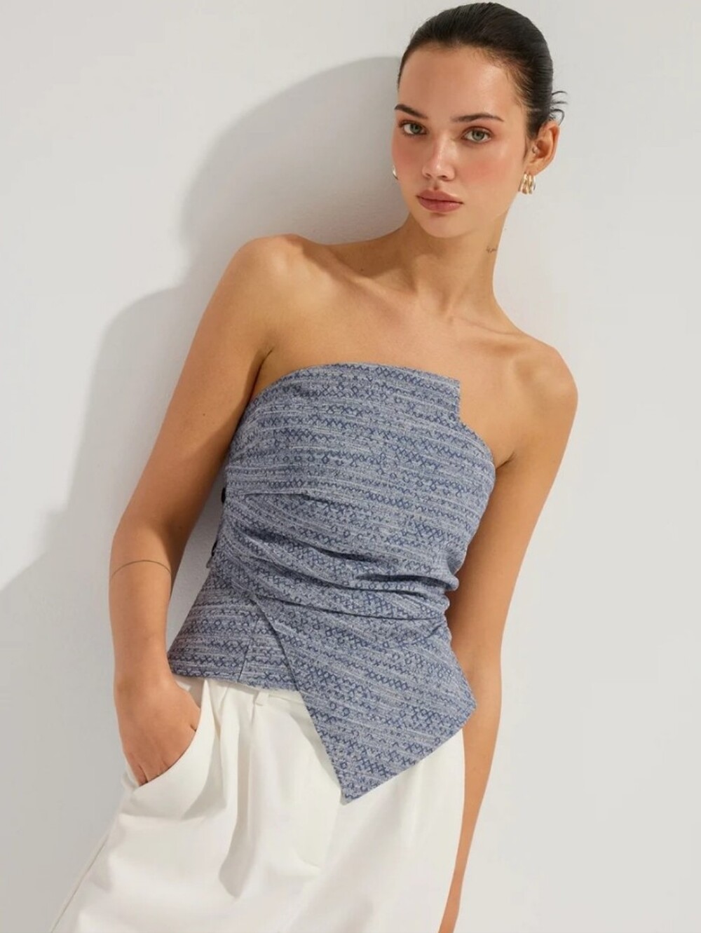 Light Blue Geometric Strapless Ruched Top